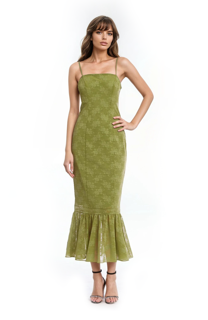 Jewel Badgley Mischka | Josie Floral Jacquard Midi Dress with Ruffle Hem | Green
