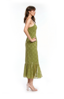 Jewel Badgley Mischka | Josie Floral Jacquard Midi Dress with Ruffle Hem | Green