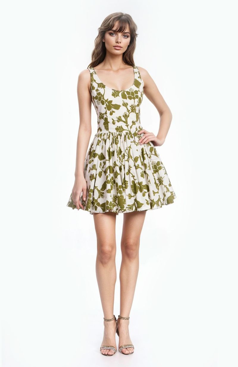Jewel Badgley Mischka | Jackie Floral Print Fit & Flare Mini Dress | Green Multi
