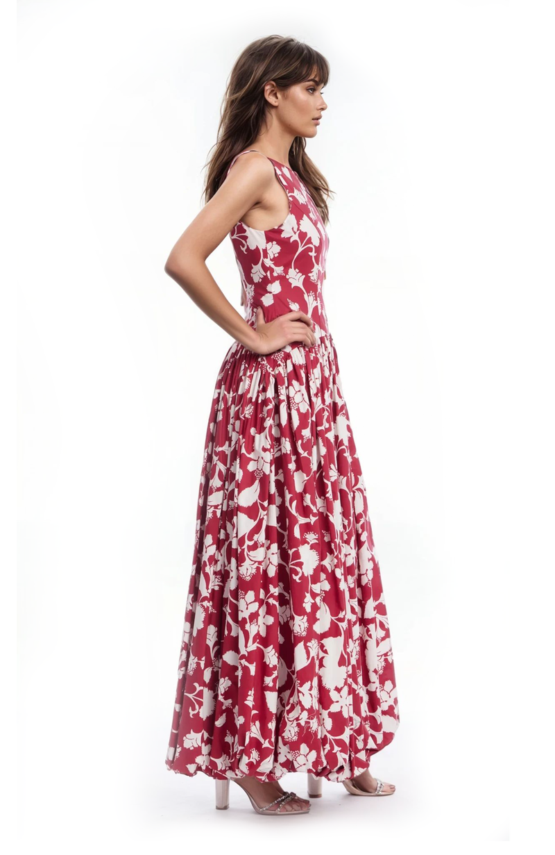 Jewel Badgley Mischka | Hayden Floral Drop Waist Maxi Dress | Red Multi