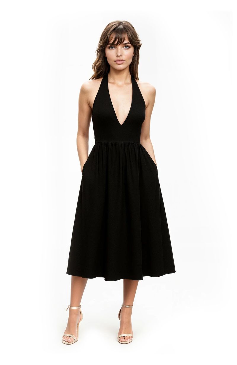 Jewel Badgley Mischka | Justine Halter Neck Midi Dress | Black