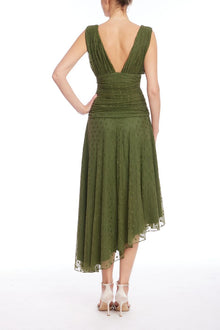 Jewel Badgley Mischka | Katie Draped V-Neck Asymmetrical Hem Dress | Forest Green