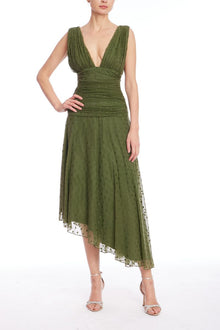 Jewel Badgley Mischka | Katie Draped V-Neck Asymmetrical Hem Dress | Forest Green