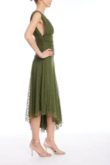 Jewel Badgley Mischka | Katie Draped V-Neck Asymmetrical Hem Dress | Forest Green