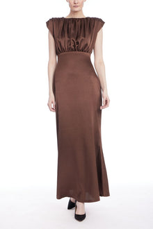 Jewel Badgley Mischka | Kelly High Neck Gathered Bodice Gown | Brown