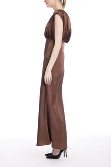 Jewel Badgley Mischka | Kelly High Neck Gathered Bodice Gown | Brown