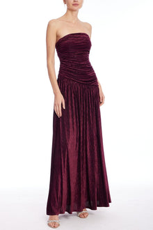 Jewel Badgley Mischka | Katia Strapless Ruched Bodice Pleated Gown | Wine