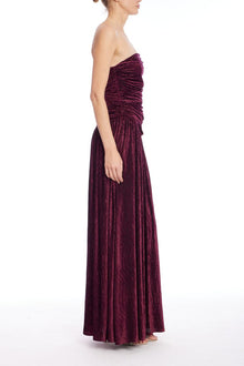 Jewel Badgley Mischka | Katia Strapless Ruched Bodice Pleated Gown | Wine