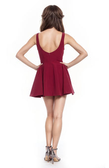 Jewel Badgley Mischka | Kaya Square Neckline Fit-and-Flare Mini Dress | Wine