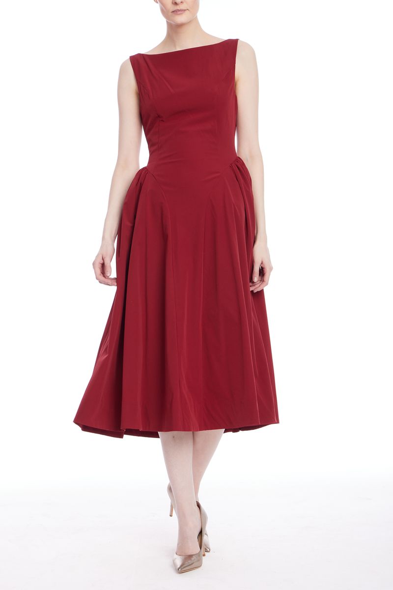 Jewel Badgley Mischka | Kirsten Sleeveless Boatneck A-Line Midi Dress | Wine