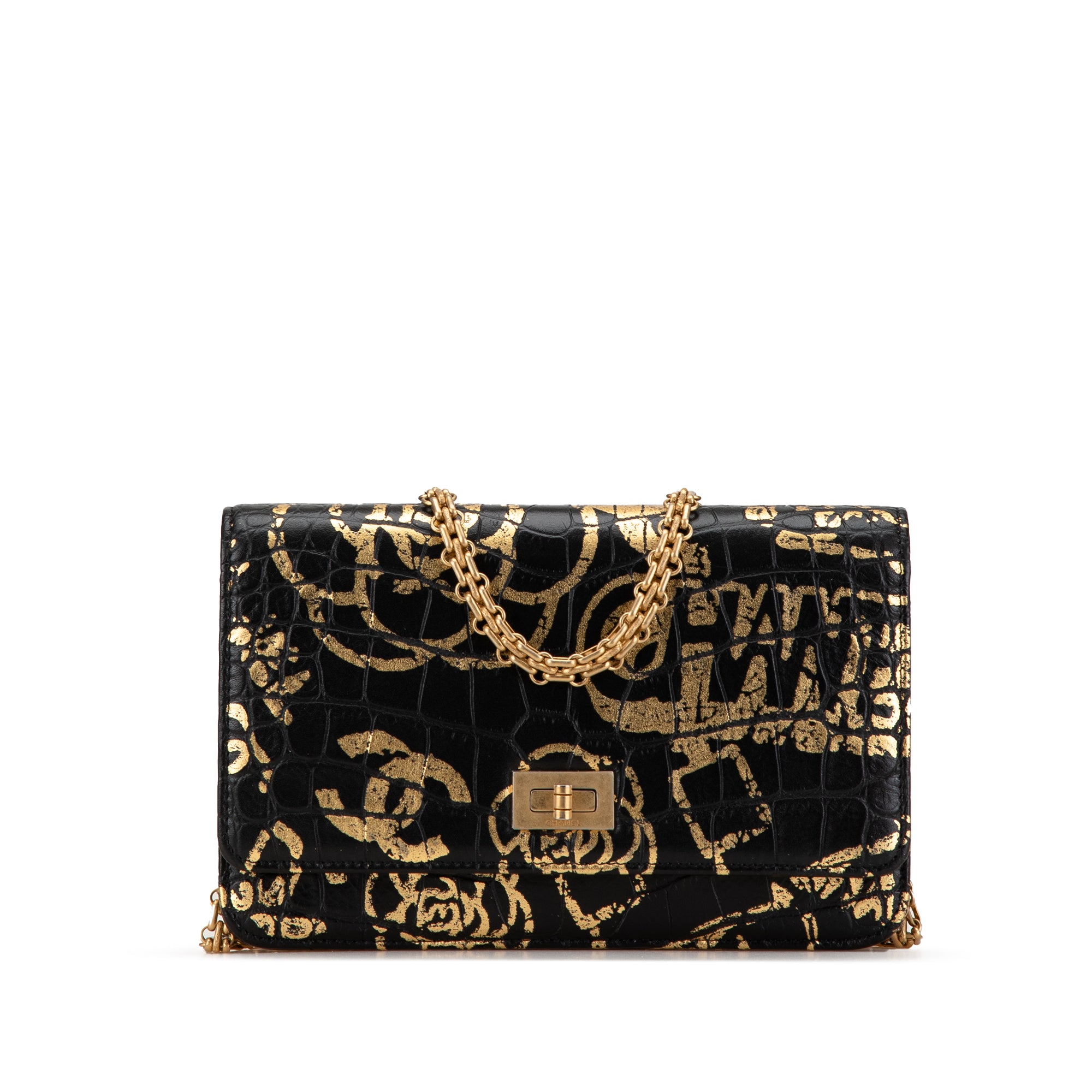 Chanel | Pre-Owned Calfskin Crocodile Embossed Graffiti 2.55 Cocodile Reissue Wallet On Chain | Black