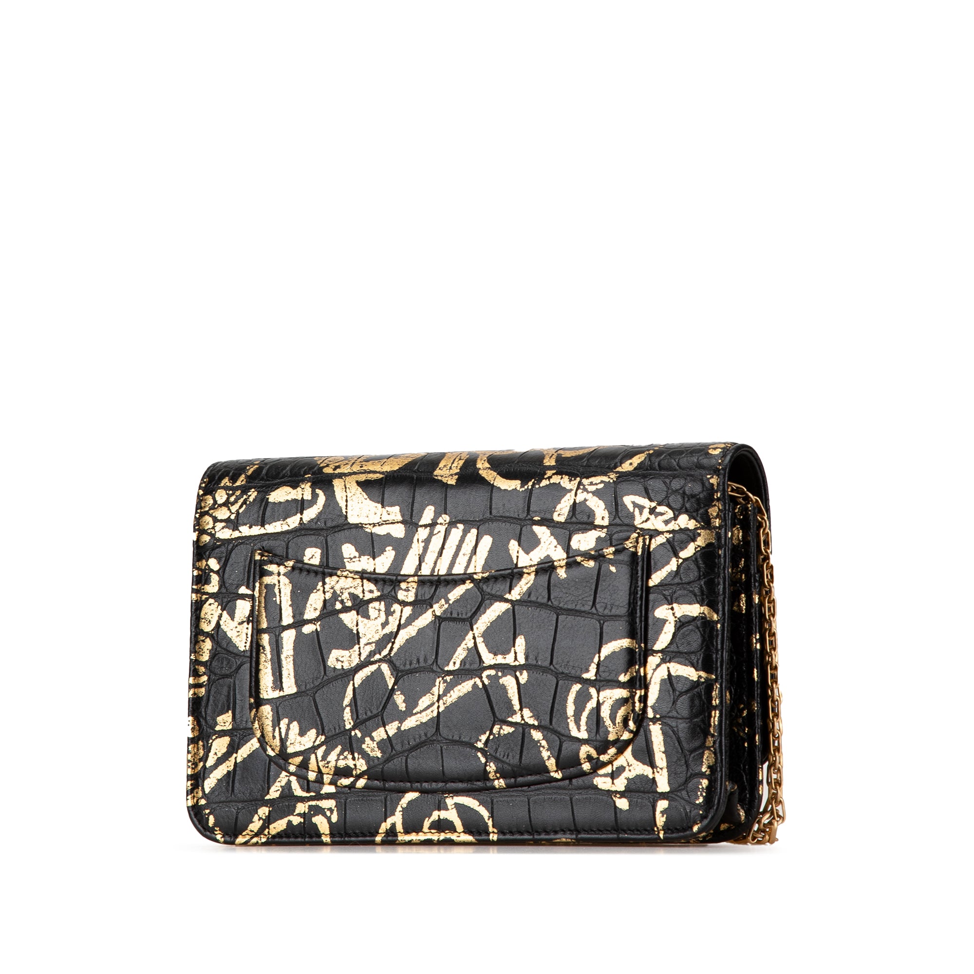 Chanel | Pre-Owned Calfskin Crocodile Embossed Graffiti 2.55 Cocodile Reissue Wallet On Chain | Black