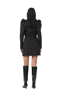 Jacquard V neck Mini Dress | Black