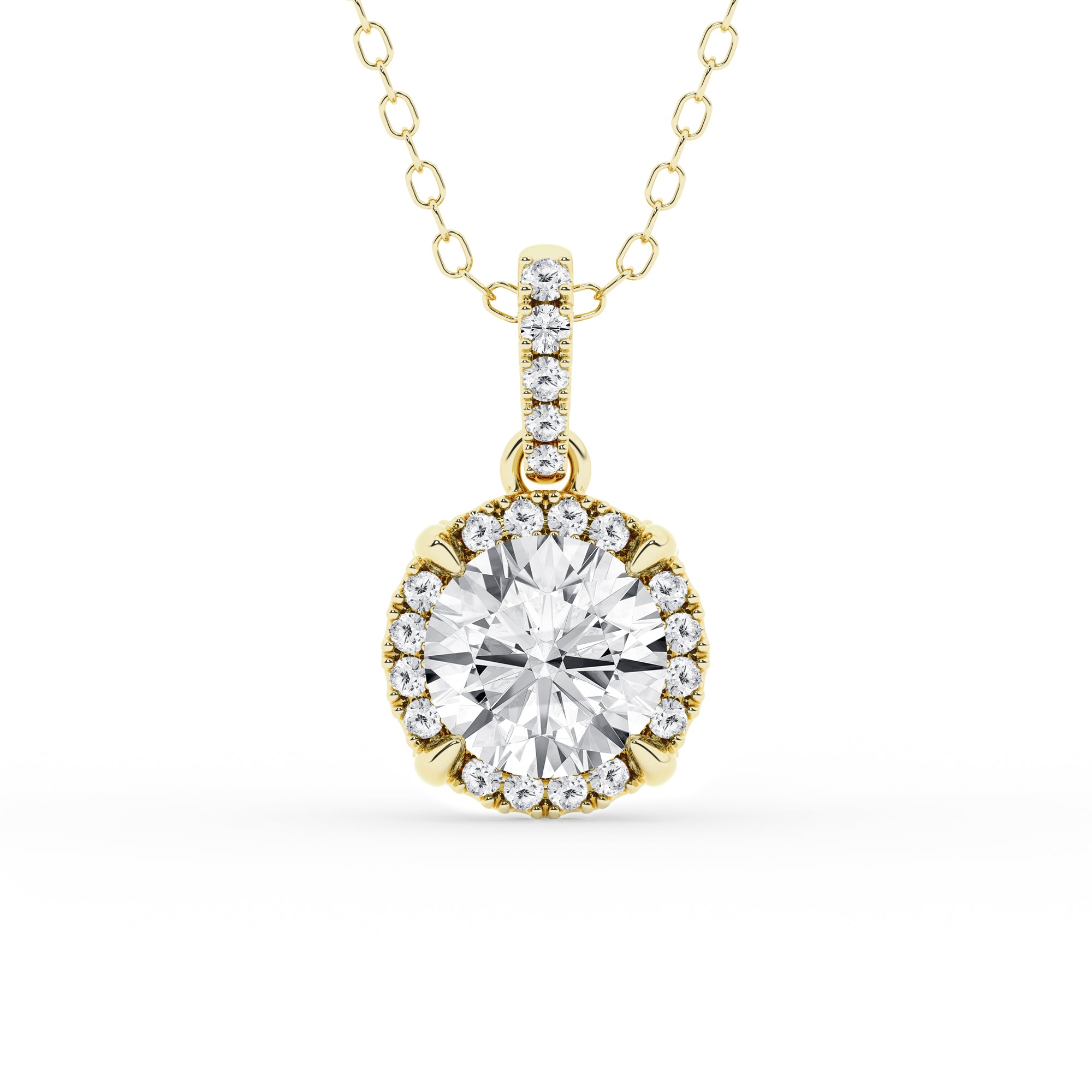 Womens | Halo Solitaire Pendant Necklace | 14K Yellow Gold | 1.33 CTW Round Cut Lab Grown Diamond | F-VS