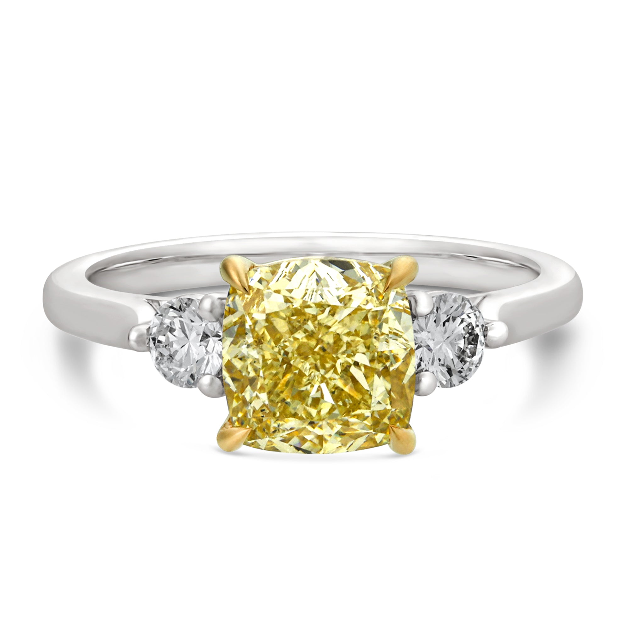 Womens | 3 Stone Engagement Ring | 14K Two Tone Gold | 2.25 CTW Cushion Cut Lab Grown Diamond | Yellow-VS1