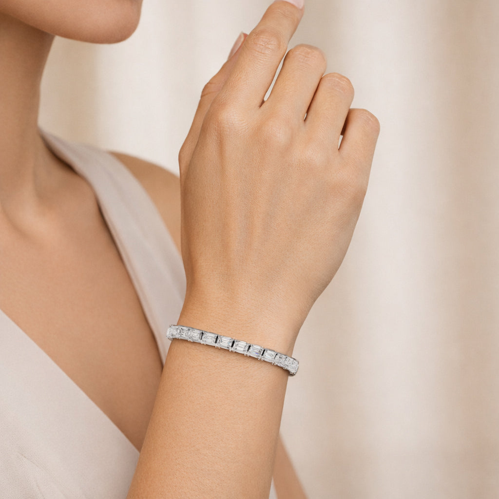 Womens | Tennis Bracelet | 14K White Gold | 10 CTW Emerald Cut Lab Grown Diamond | F-VS2