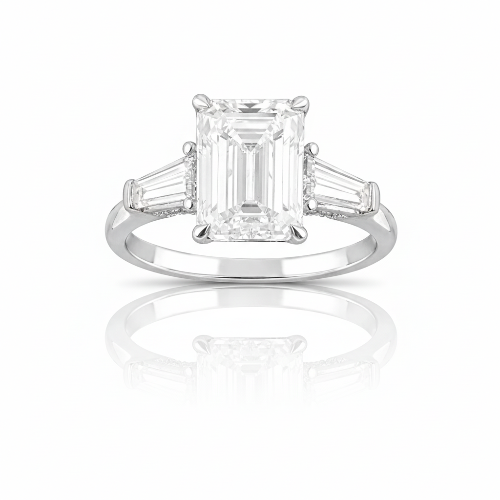 4.75 CT Emerald/Round/Baguette Lab-Grown Diamond | Engagement Ring | 14K White Gold | F Color | VS Clarity