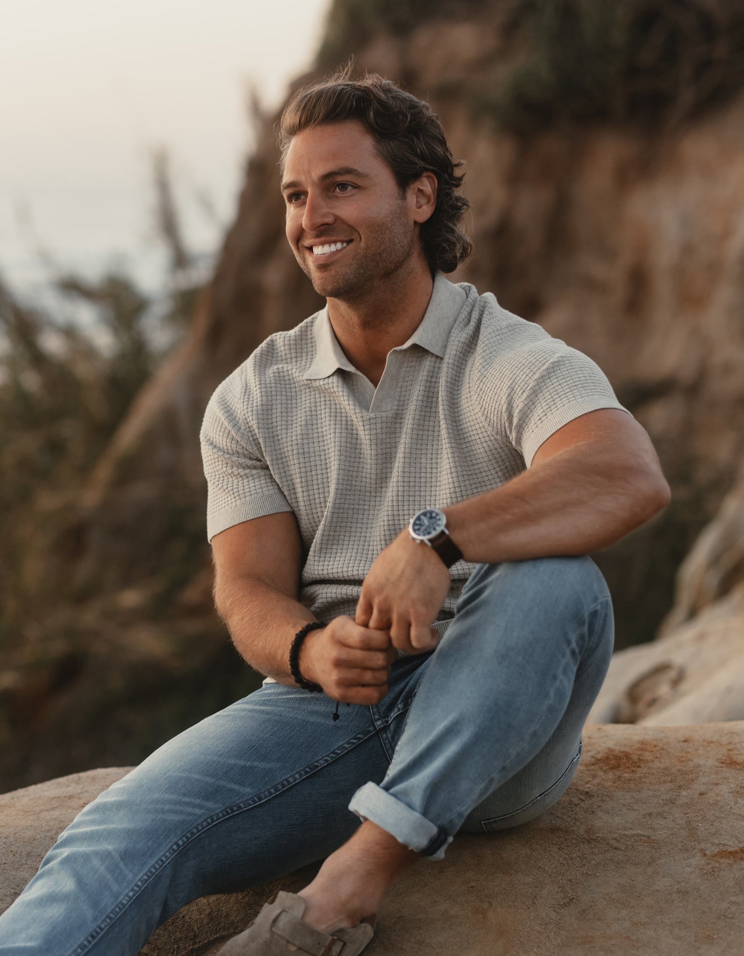 Men | Waffle Stitch Polo | Flax