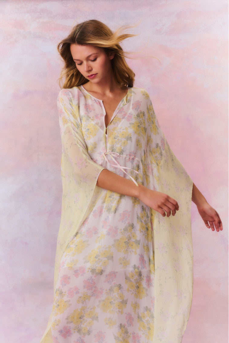 Womens | Lupine Chiffon Mixed Print Kaftan | Peachy Sunrise