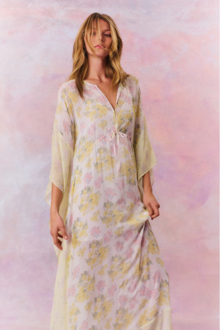 Womens | Lupine Chiffon Mixed Print Kaftan | Peachy Sunrise