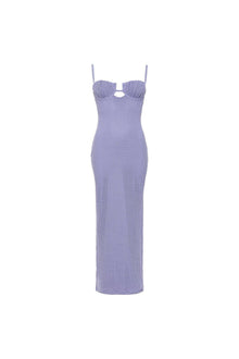 Lavender crochet slip dress with structured bust, thin straps, and fitted maxi silhouette.