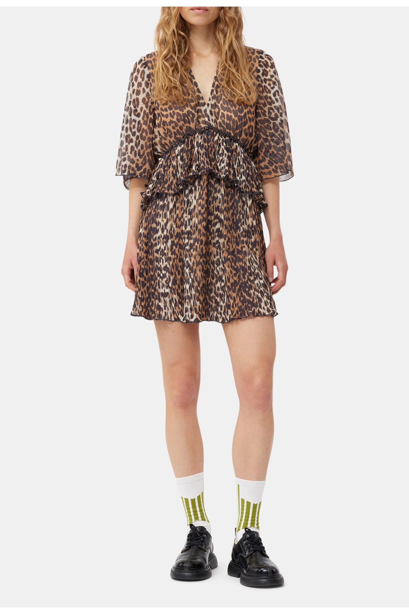 Leopard Pleated Georgette V neck Flounce Mini Dress | Almond Milk