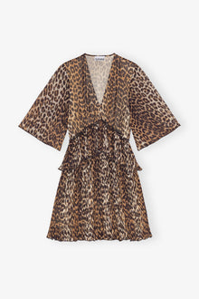 Leopard Pleated Georgette V neck Flounce Mini Dress | Almond Milk