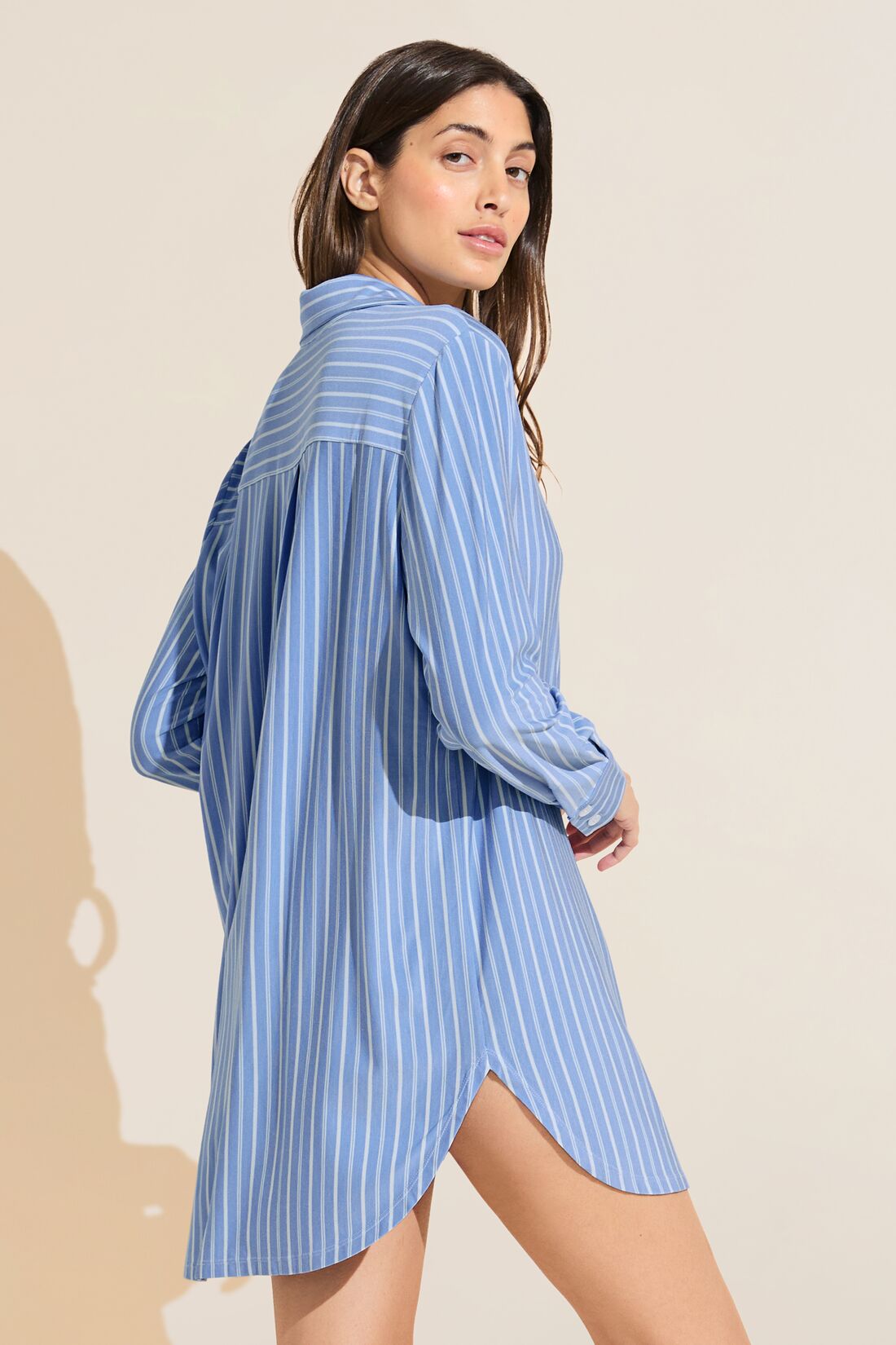 Model wears Gisele Printed TENCEL Modal Boyfriend Sleepshirt in Nordic Stripe Vista Blue.