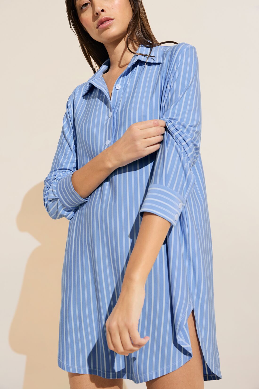 Model wears Gisele Printed TENCEL Modal Boyfriend Sleepshirt in Nordic Stripe Vista Blue.