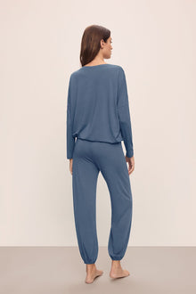 Model wears Gisele TENCEL Modal Slouchy PJ Set in Coastal Blue/Ice Blue.