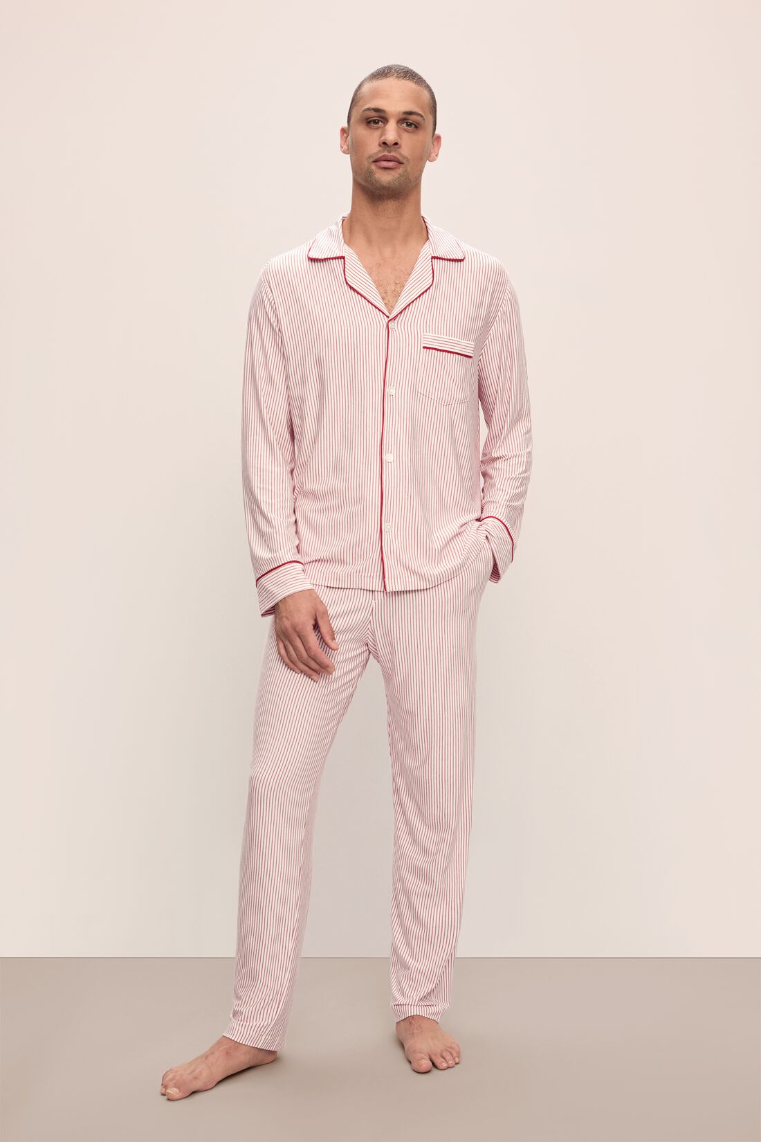 Model wears William Printed TENCEL Modal Long PJ Set in Duo Stripe Haute Red/Haute Red.