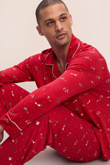Model wears William Printed TENCEL Modal Long PJ Set in Winter Wonderland Haute Red/Ivoryory.
