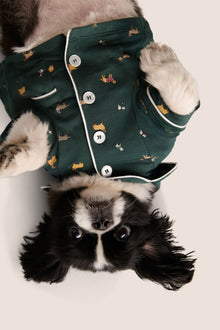 Model is wearing Gisele Printed TENCEL Modal Pet PJ  in Holiday Dogs Pine/Ivory