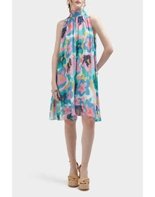 Lucia Summer Majesty Silk Sleeveless Babydoll Halter Dress | Multi