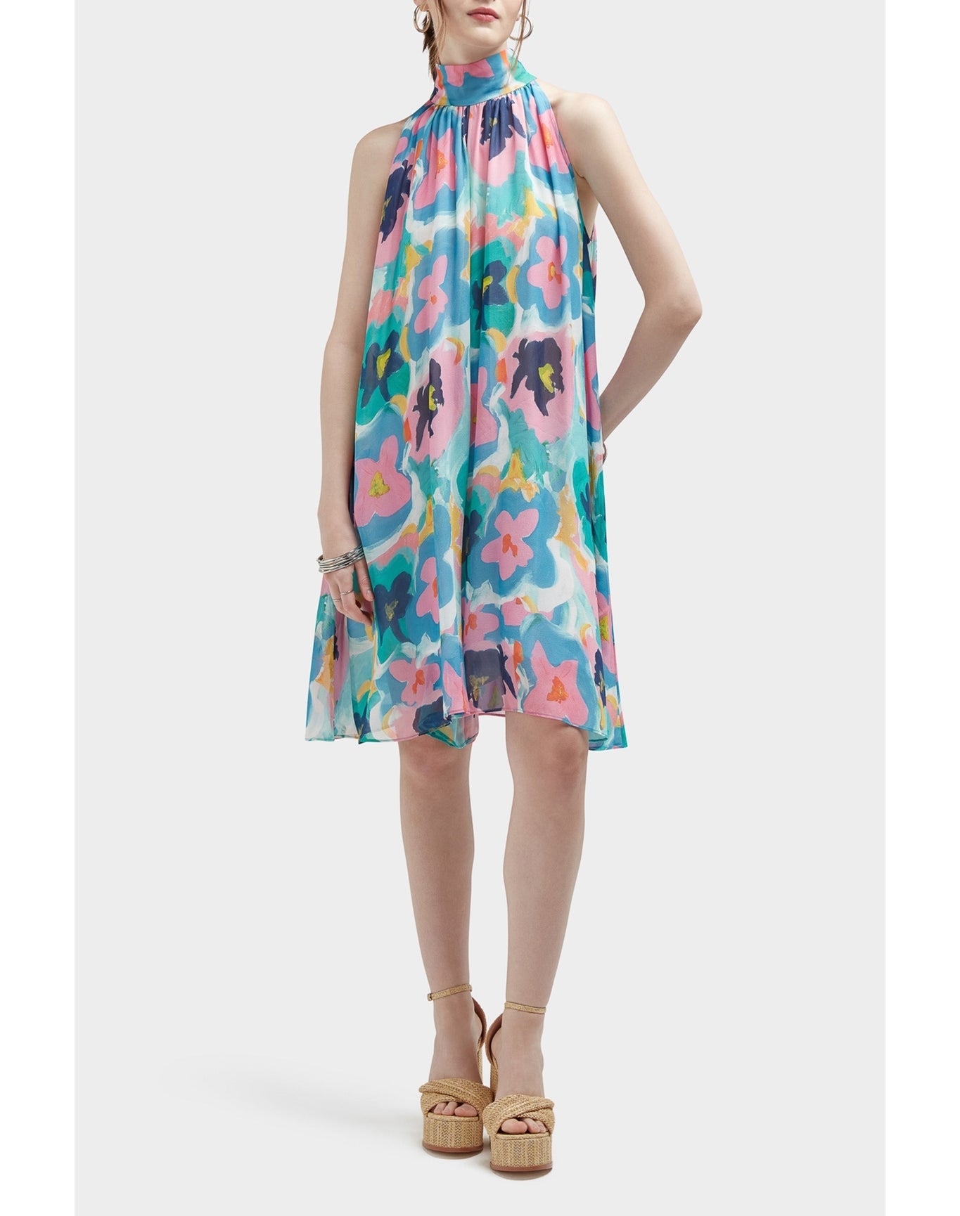 Lucia Summer Majesty Silk Sleeveless Babydoll Halter Dress | Multi