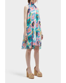 Lucia Summer Majesty Silk Sleeveless Babydoll Halter Dress | Multi