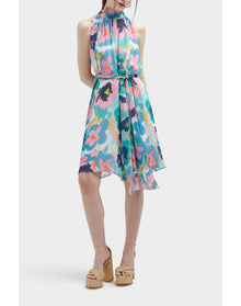 Lucia Summer Majesty Silk Sleeveless Babydoll Halter Dress | Multi