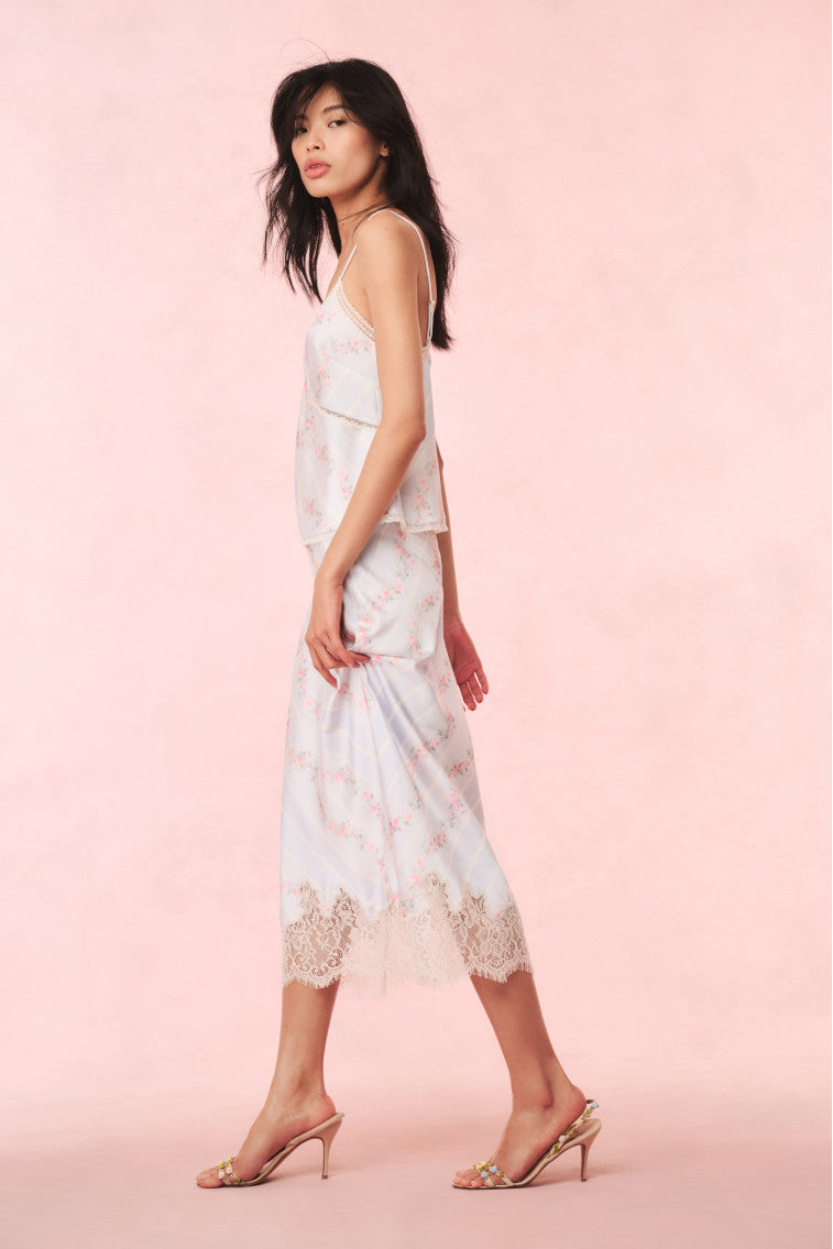 Malina Satin Floral Midi Slip Skirt | Wavecrest Blue