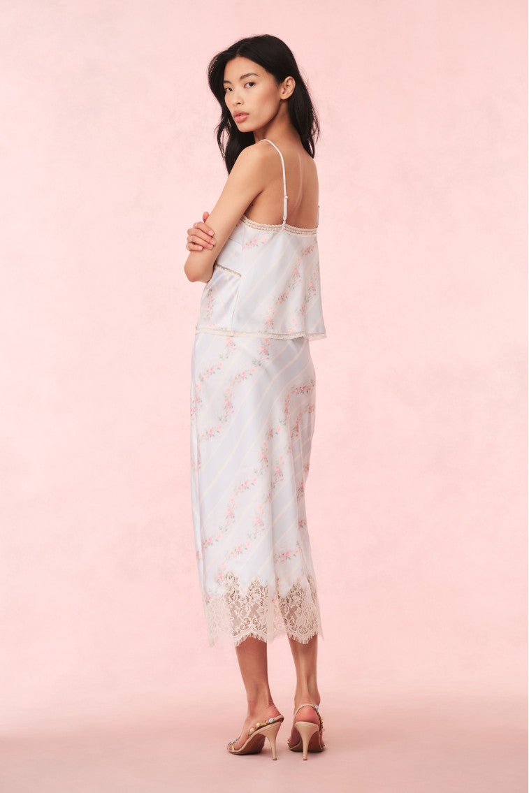 Malina Satin Floral Midi Slip Skirt | Wavecrest Blue