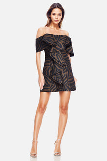 ONE33 SOCIAL | The Blakely Off-The-Shoulder Printed Cocktail Dress | Black / Brown