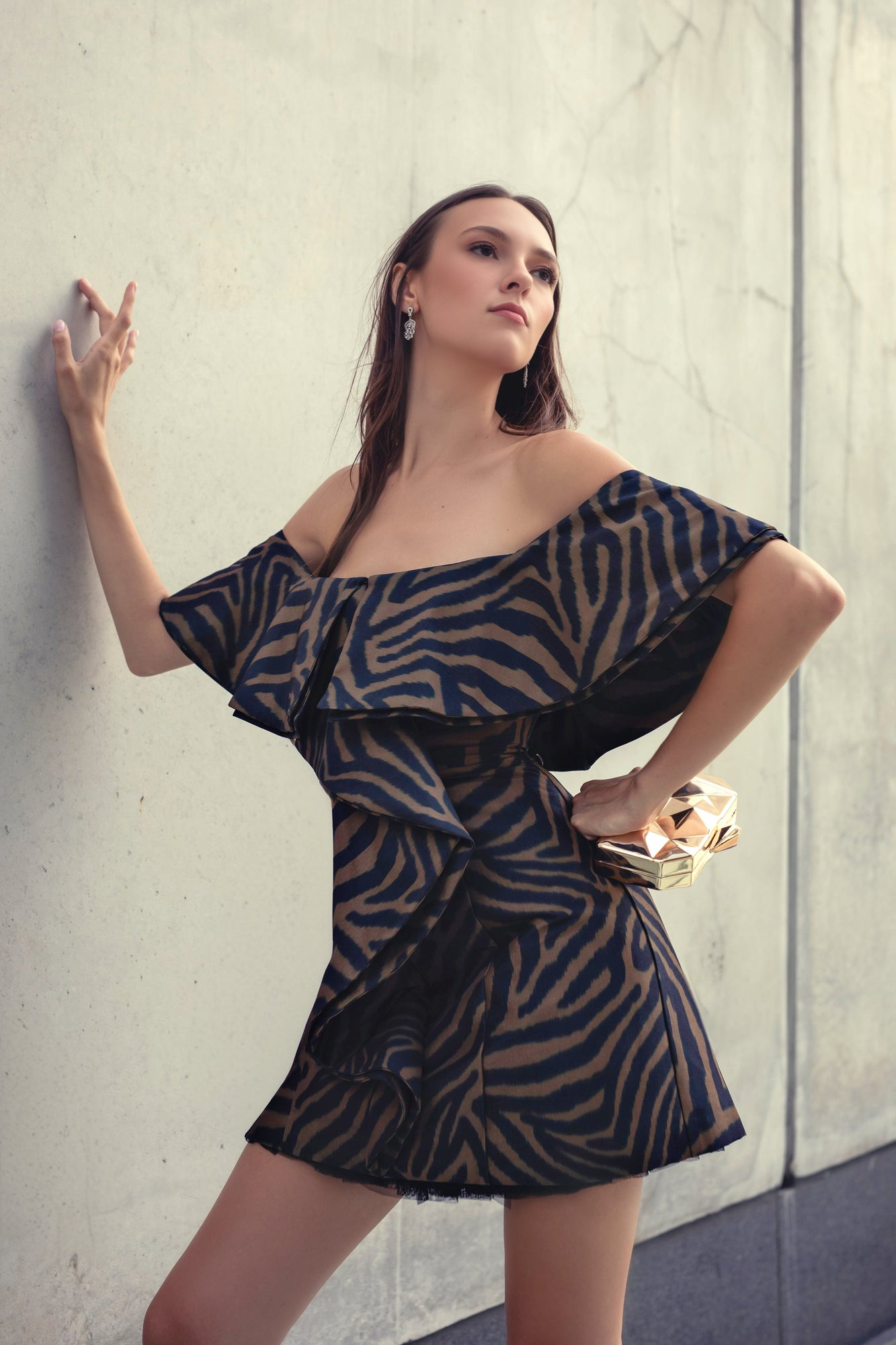 ONE33 SOCIAL | The Blakely Off-The-Shoulder Printed Cocktail Dress | Black / Brown