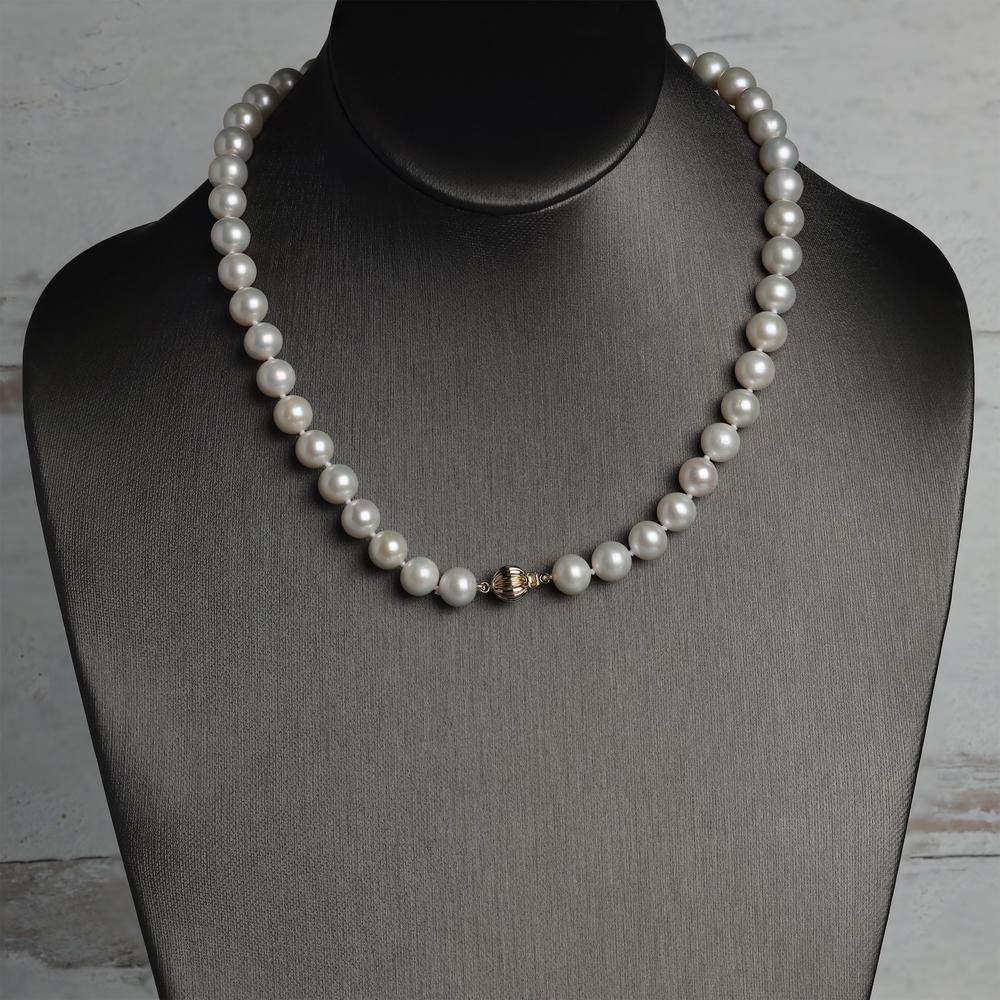 AAA+ Quality Round Strand Necklace | 14K Yellow Gold | White Freshwater Pearl9mm - 10mm