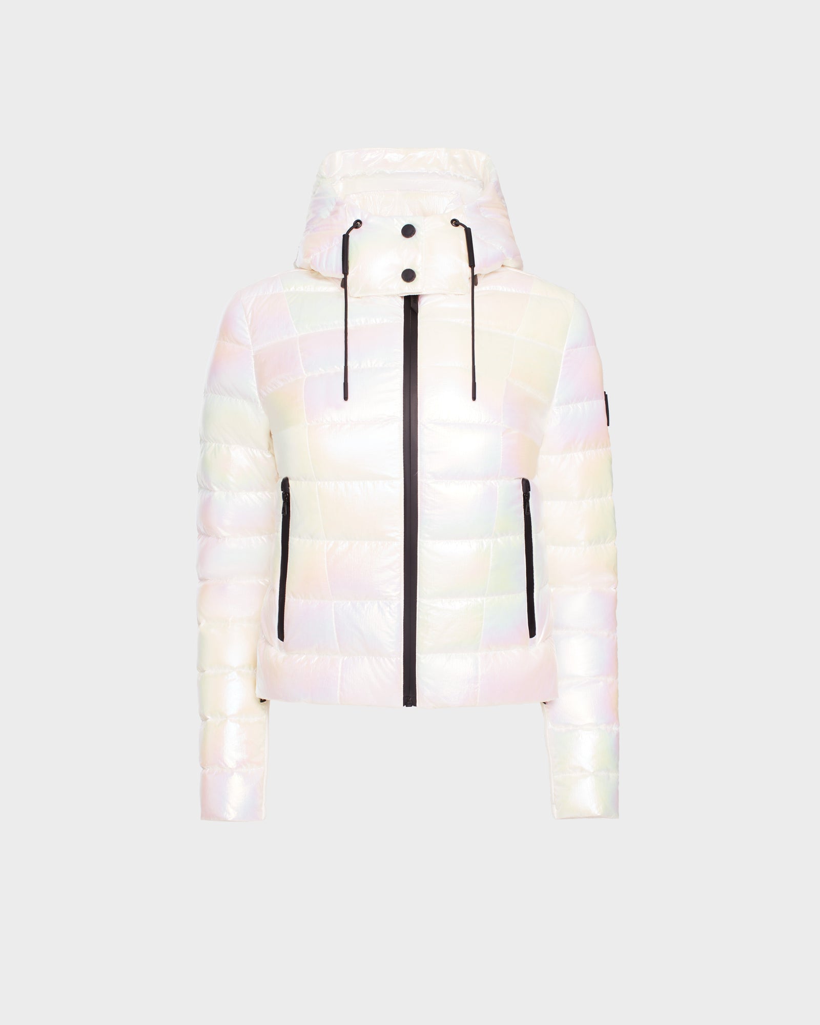 The MELISSA - 8124031 Iridescent Eggshell by Rudsak is a womens lightweight down puffer jacket with a hood, black zipper, and black drawstrings, shown on a plain light gray background.