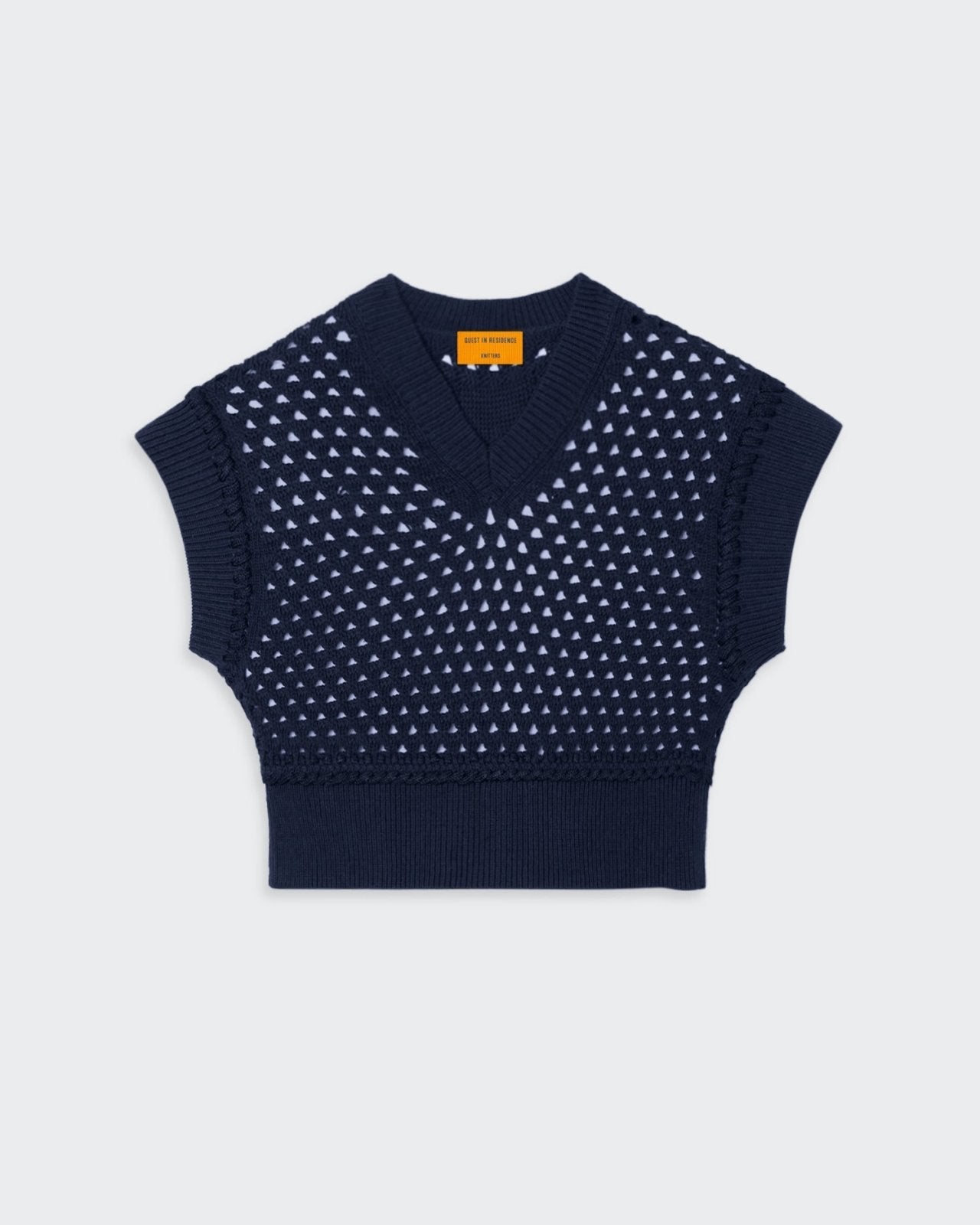 Cropped navy blue mesh knit vest with crochet rope trim and GIR branding at the back neck.