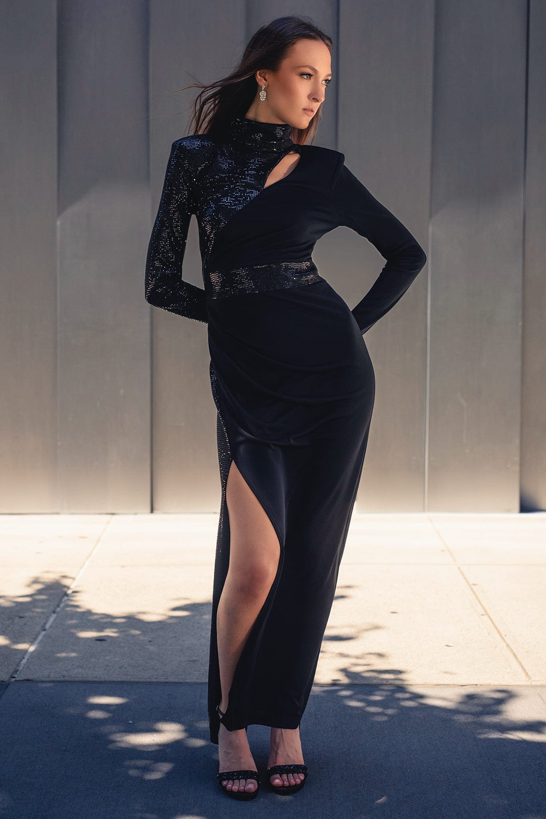 ONE33 SOCIAL | The Bridgette Sleek High Neck Sequin Black Gown | Black