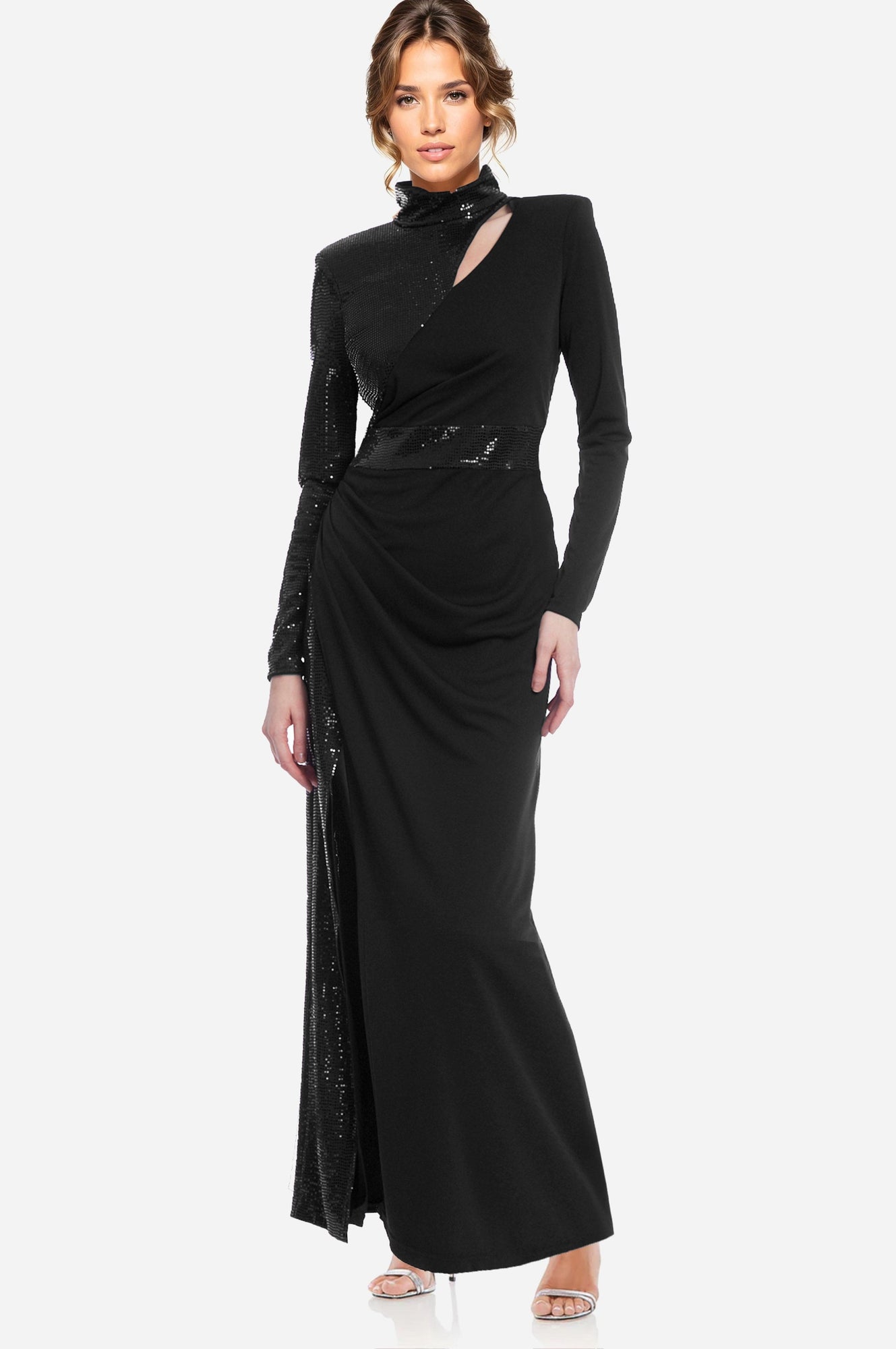 ONE33 SOCIAL | The Bridgette Sleek High Neck Sequin Black Gown | Black