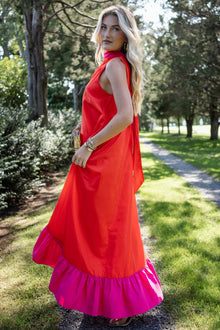 ONE33 SOCIAL | The Yolanda Fuchsia Orange High-Low Maxi Dress | Pink / Orange