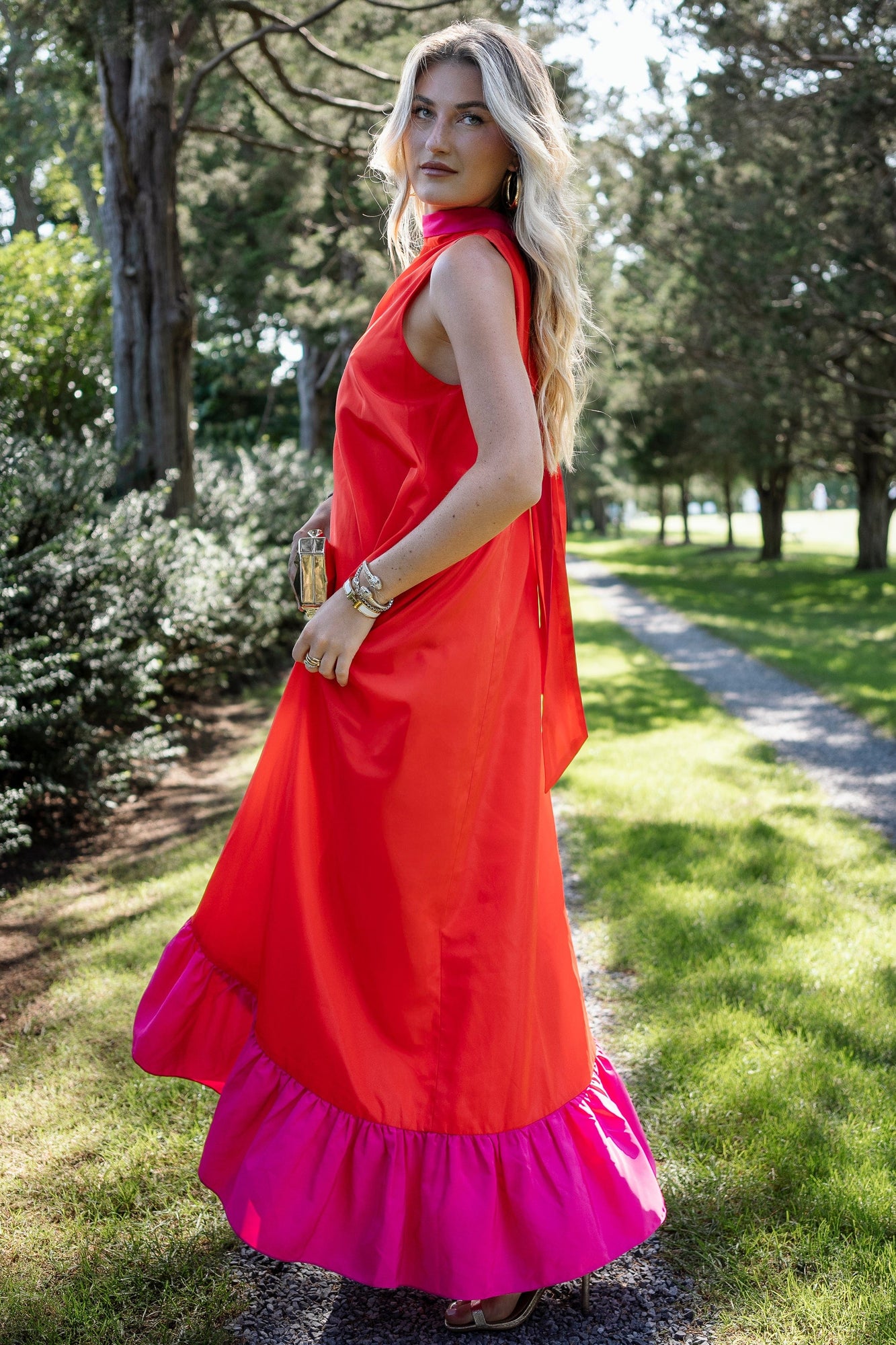 ONE33 SOCIAL | The Yolanda Fuchsia Orange High-Low Maxi Dress | Pink / Orange