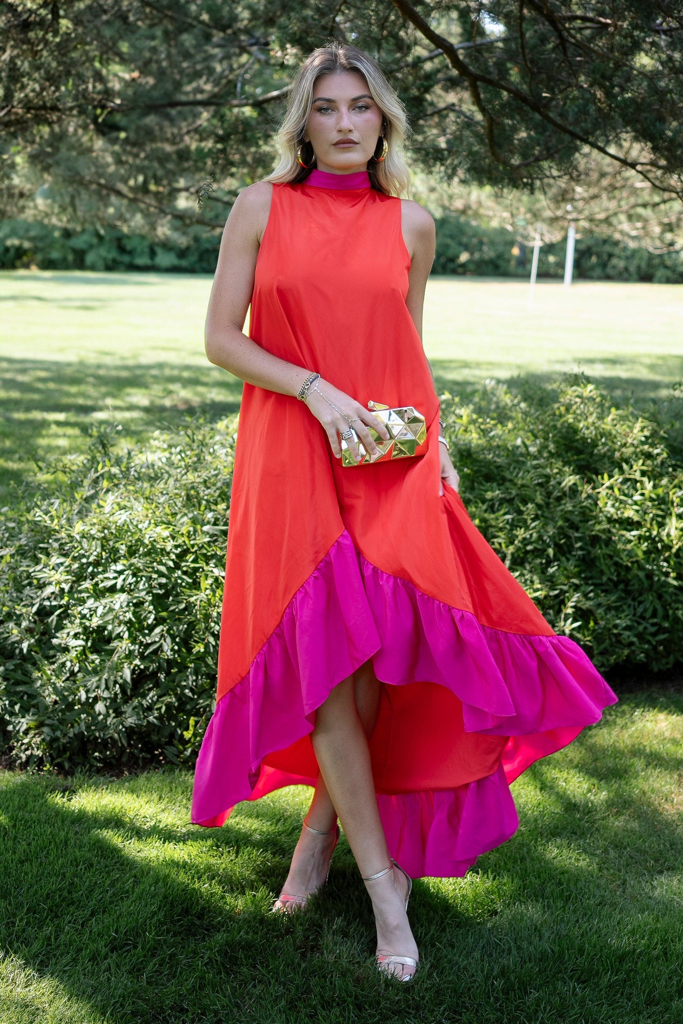 ONE33 SOCIAL | The Yolanda Fuchsia Orange High-Low Maxi Dress | Pink / Orange