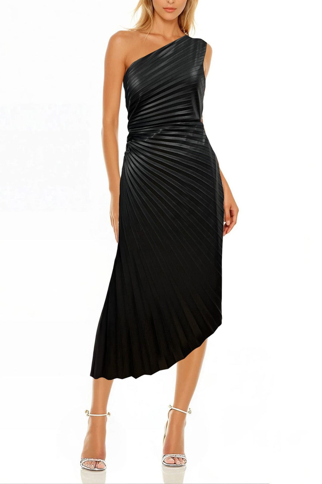 ONE33 SOCIAL | The Alana Black Pleated One-Shoulder Cocktail Dress | Black